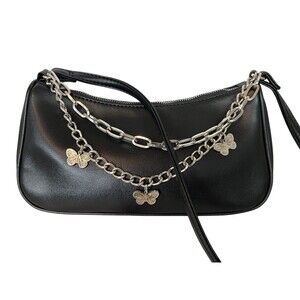 Whimsical Y2K Style Baguette Shoulder Bag Handbag Black w Butterfly Chain Detail